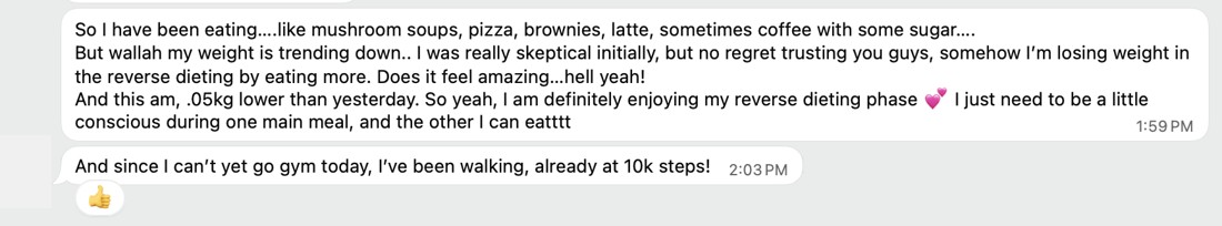 A client messaging about losing weight while eating more